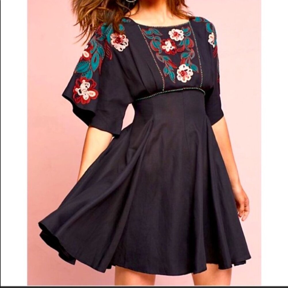 Anthropologie Feather Bone Priscilla Dress Black w/embroidery and beading (m)
